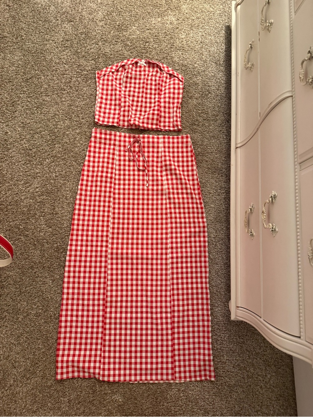 SHEIN Red & White Gingham Strapless Crop Top with Maxi Skirt Set